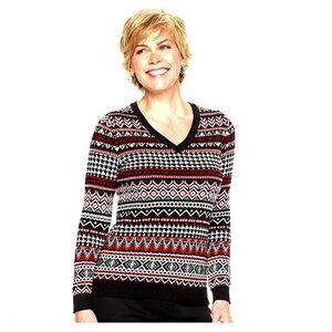 Croft & Barrow Sweater Pullover Nordic Fair Isle Sz L womens black red white LS
